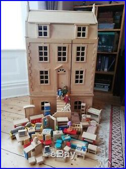 Plan Toys Wooden 4 Storey Georgian Townhouse Dolls House with Furniture & Family