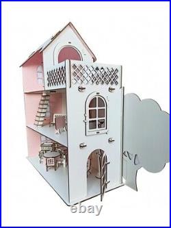 Pretend Play Doll House Kids Dollhouse Wooden Mansion Gift Girls Dream Pink DIY