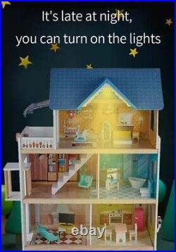 Pretend Role Play DIY Educational Toy Big Wooden Dolls House Villa With Furnitur