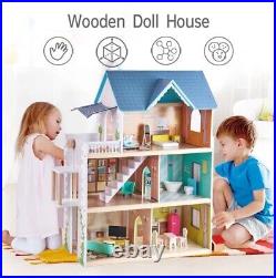 Pretend Role Play DIY Educational Toy Big Wooden Dolls House Villa With Furnitur