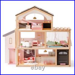 ROBOTIME Wooden Dollhouse, Doll House with 29 Pieces Furniture Set Pool and