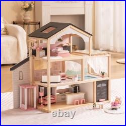 ROBOTIME Wooden Dollhouse, Doll House with 29 Pieces Furniture Set Pool and