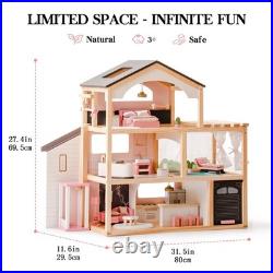 ROBOTIME Wooden Dollhouse, Doll House with 29 Pieces Furniture Set Pool and