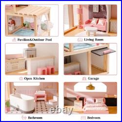 ROBOTIME Wooden Dollhouse, Doll House with 29 Pieces Furniture Set Pool and