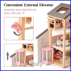 ROBOTIME Wooden Dollhouse, Doll House with 29 Pieces Furniture Set Pool and