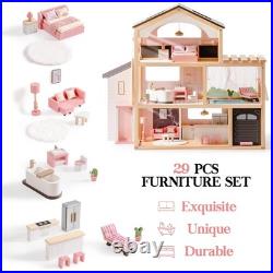 ROBOTIME Wooden Dollhouse, Doll House with 29 Pieces Furniture Set Pool and