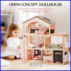 ROBOTIME Wooden Dollhouse, Doll House with 29 Pieces Furniture Set Pool and