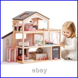 ROBOTIME Wooden Dollhouse, Doll House with 29 Pieces Furniture Set Pool and