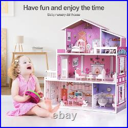 ROBUD Dolls House for Girls, Kids Wooden Toy Dollhouse with Furniture and Girls