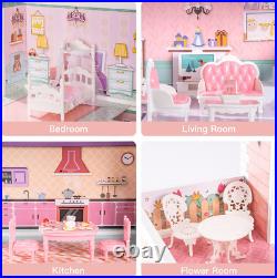 ROBUD Modern Dollhouse Wooden Dolls House Girls 81.3x61.8x30.7 cm, Pink