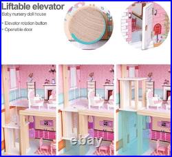 ROBUD Wooden Doll House Girls Toys, 18 High Dollhouse With Elevator & Furnitur