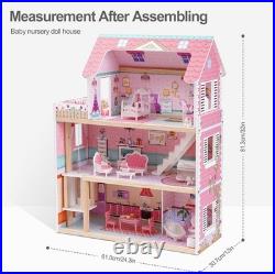 ROBUD Wooden Doll House Girls Toys, 18 High Dollhouse With Elevator & Furnitur