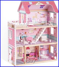 ROBUD Wooden Doll House Girls Toys, 18 High Dollhouse With Elevator & Furnitur
