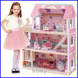 ROBUD Wooden Doll House Girls Toys, 18 High Dollhouse With Elevator & Furniture