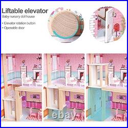 ROBUD Wooden Doll House Girls Toys, 18 High Dollhouse With Elevator & Furniture