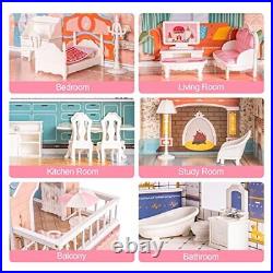 ROBUD Wooden Doll House with Accessories and Furniture for Little Girl
