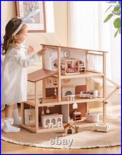 ROBUD Wooden Dolls House, Bohemian Style Dollhouse with 37 pcs Realistic Furnit