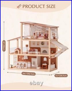 ROBUD Wooden Dolls House, Bohemian Style Dollhouse with 37 pcs Realistic Furnit