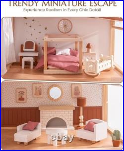 ROBUD Wooden Dolls House, Bohemian Style Dollhouse with 37 pcs Realistic Furnit