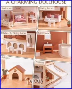 ROBUD Wooden Dolls House, Bohemian Style Dollhouse with 37 pcs Realistic Furnit
