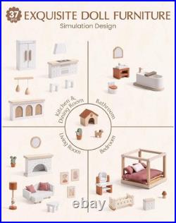 ROBUD Wooden Dolls House, Bohemian Style Dollhouse with 37 pcs Realistic Furnit