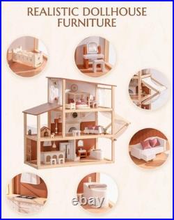 ROBUD Wooden Dolls House, Bohemian Style Dollhouse with 37 pcs Realistic Furnit