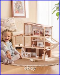 ROBUD Wooden Dolls House, Bohemian Style Dollhouse with 37 pcs Realistic Furnit