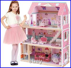 ROBUD Wooden Dolls House Girls Toys Kids Doll House with Furniture Accessories