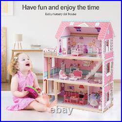 ROBUD Wooden Dolls House Girls Toys Kids Doll House with Furniture Accessories