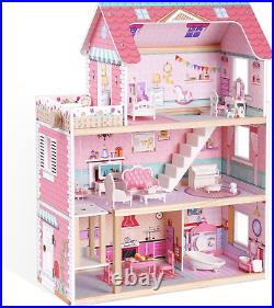 ROBUD Wooden Dolls House Girls Toys Kids Doll House with Furniture Accessories