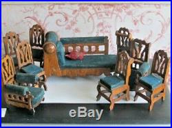 Rare Set Antique Wooden Velvet Dolls House Furniture Chaise Longue Chairs x 9