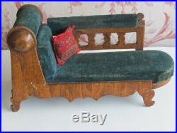 Rare Set Antique Wooden Velvet Dolls House Furniture Chaise Longue Chairs x 9