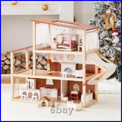 Robud Kids Wooden Dolls House with Furniture 3 Storey Bohemian Dollhouse Playset