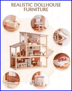 Robud Kids Wooden Dolls House with Furniture 3 Storey Bohemian Dollhouse Playset