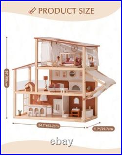 Robud Kids Wooden Dolls House with Furniture 3 Storey Bohemian Dollhouse Playset