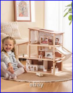 Robud Kids Wooden Dolls House with Furniture 3 Storey Bohemian Dollhouse Playset