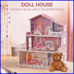 Robud Large Wooden Dolls House With Furniture & Staircase Kids Role Play Toy Set Robud Large Wooden Dolls House With Furniture & Staircase Kids Role Play Toy Set