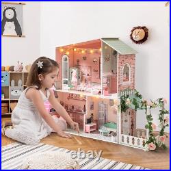 Robud Wooden Doll House with Furniture Dollhouse Kids Toy Girls Play Toys Set