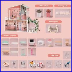 Robud Wooden Doll House with Furniture Dollhouse Kids Toy Girls Play Toys Set