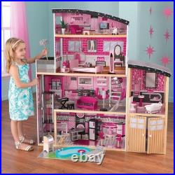 Sparkle Mansion Wooden Dolls House with Elevator, Garage & Pool 12 Inch Dolls