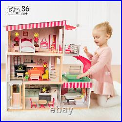 TOP BRIGHT Dolls House with Furniture and Dolls, Wooden Doll House for Girls 3