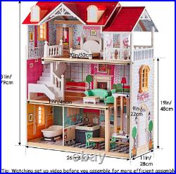 TOP BRIGHT Wooden Dolls House for Girls, Large Dollhouse Toy 3-12 years, Red