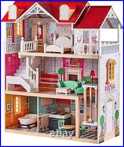 TOP BRIGHT Wooden Dolls House for Girls, Large Dollhouse Toy for Kids Furniture