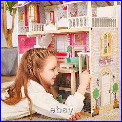 TOP BRIGHT Wooden Dolls House for Girls, Large Dollhouse Toy for Kids Furniture
