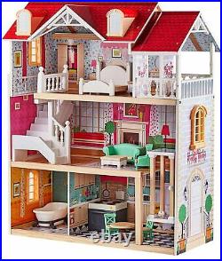 TOP BRIGHT Wooden Dolls House for Girls, Large Dollhouse Toy for Kids with