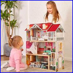 TOP BRIGHT Wooden Dolls House for Girls Large Dollhouse Toy for Kids with Fur