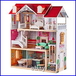TOP BRIGHT Wooden Dolls House for Girls, Large Dollhouse Toy for Kids with and