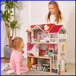 TOP BRIGHT Wooden Dolls House for Girls, Large Dollhouse Toy for Kids with and