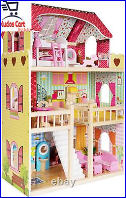 Tall Wooden Dolls House 3-Storey Mansion Furniture Accessories Girl Playset Toy