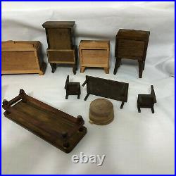 Vintage Doll House Wooden Furniture dresser table nightstand mixed Lot 15 pieces